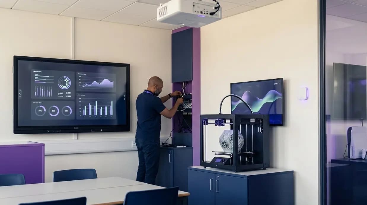 Ein Klassenzimmer mit einem vernetzten interaktiven Display, Projektor, 3D-Drucker und Smart Screen