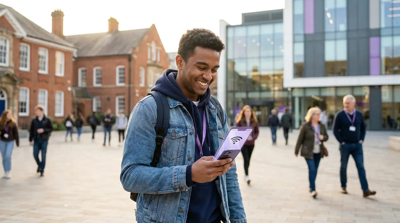 Ein lächelnder Student geht über einen Universitätscampus, während sich sein Smartphone automatisch verbindet