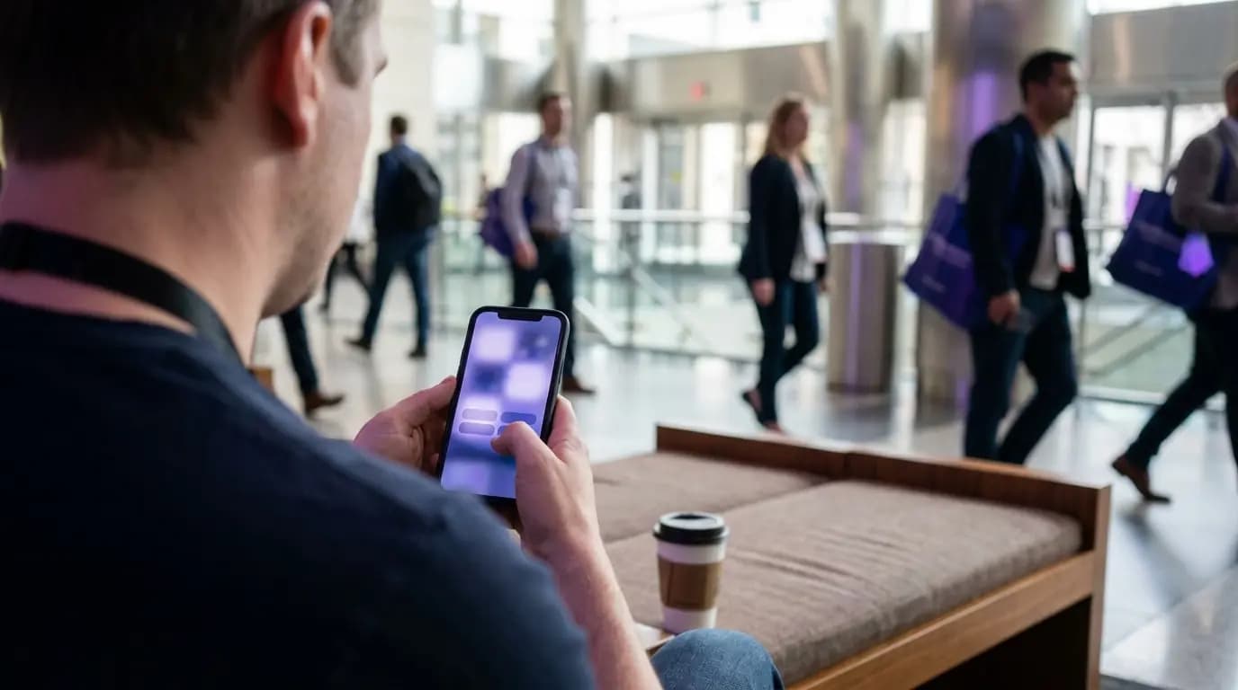 Um delegado com um cordão de pescoço a iniciar sessão no WiFi do espaço num telemóvel entre sessões de conferência