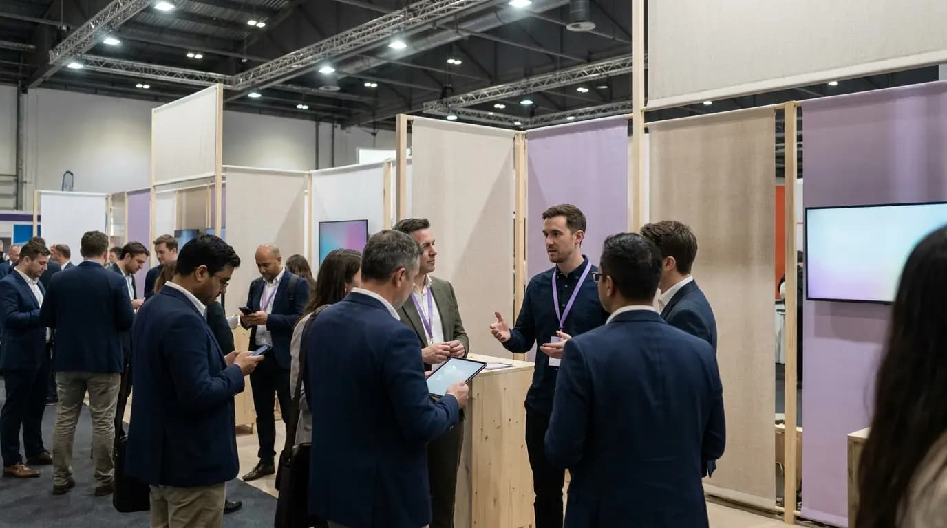 Visitantes num stand de exposição movimentado a olhar para os seus telemóveis enquanto um expositor fala com um pequeno grupo