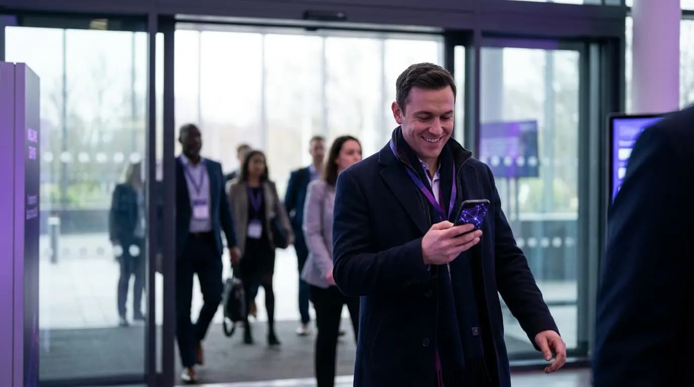 Um participante sorridente a entrar num centro de conferências enquanto o seu telemóvel se liga automaticamente