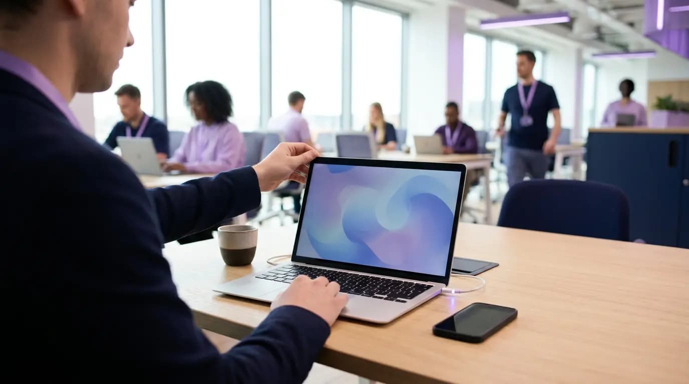 An employee opening a laptop at a hot desk as it connects to the office network automatically