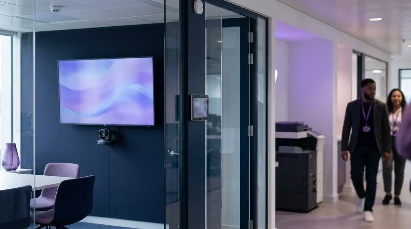 A glass-walled meeting room with a wall-mounted display, a video conferencing camera and a room booking panel by the door