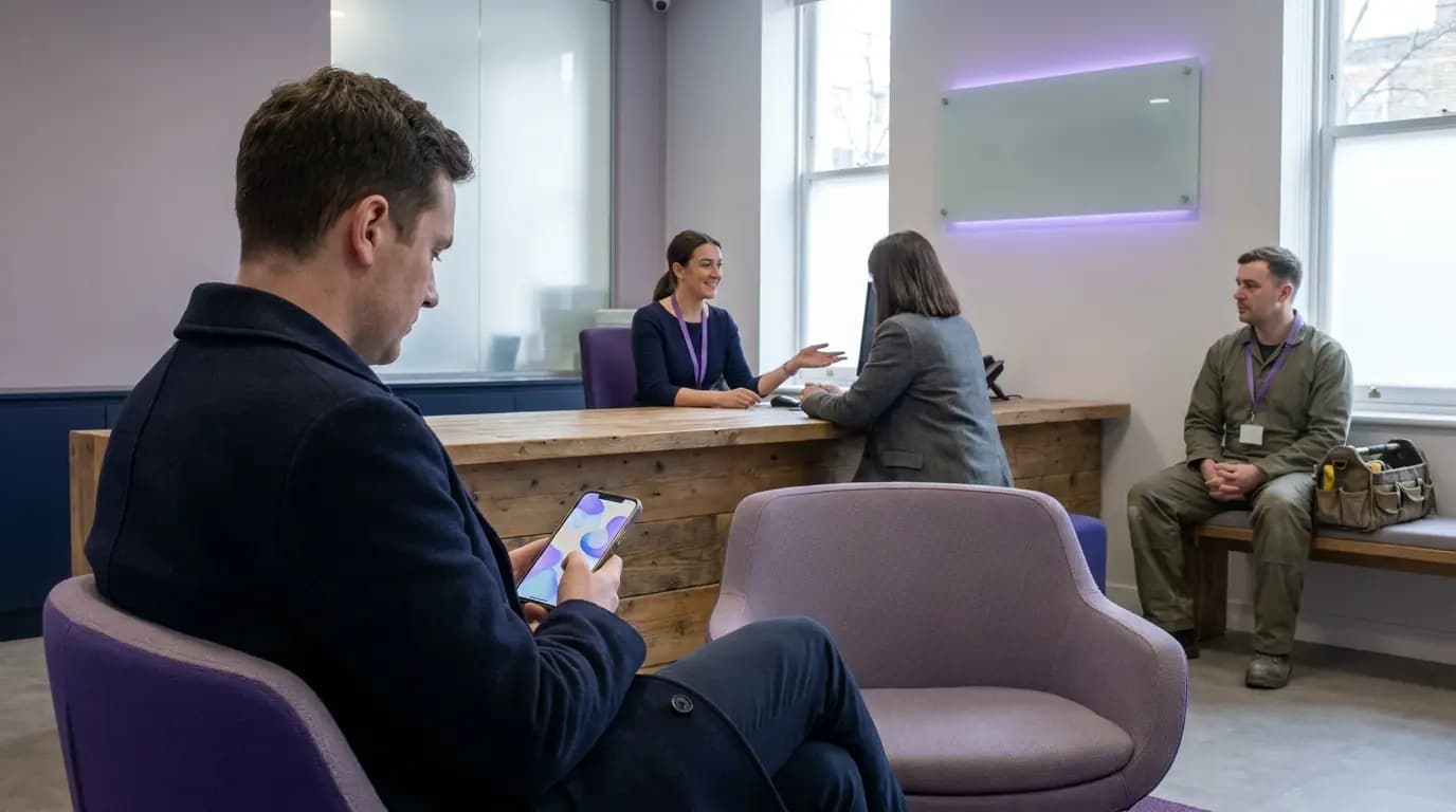A visitor connecting to WiFi on their phone in a calm corporate reception while a receptionist greets another guest