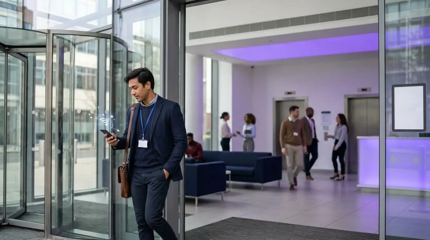 An employee with a laptop bag walking into a regional office lobby, phone already connected