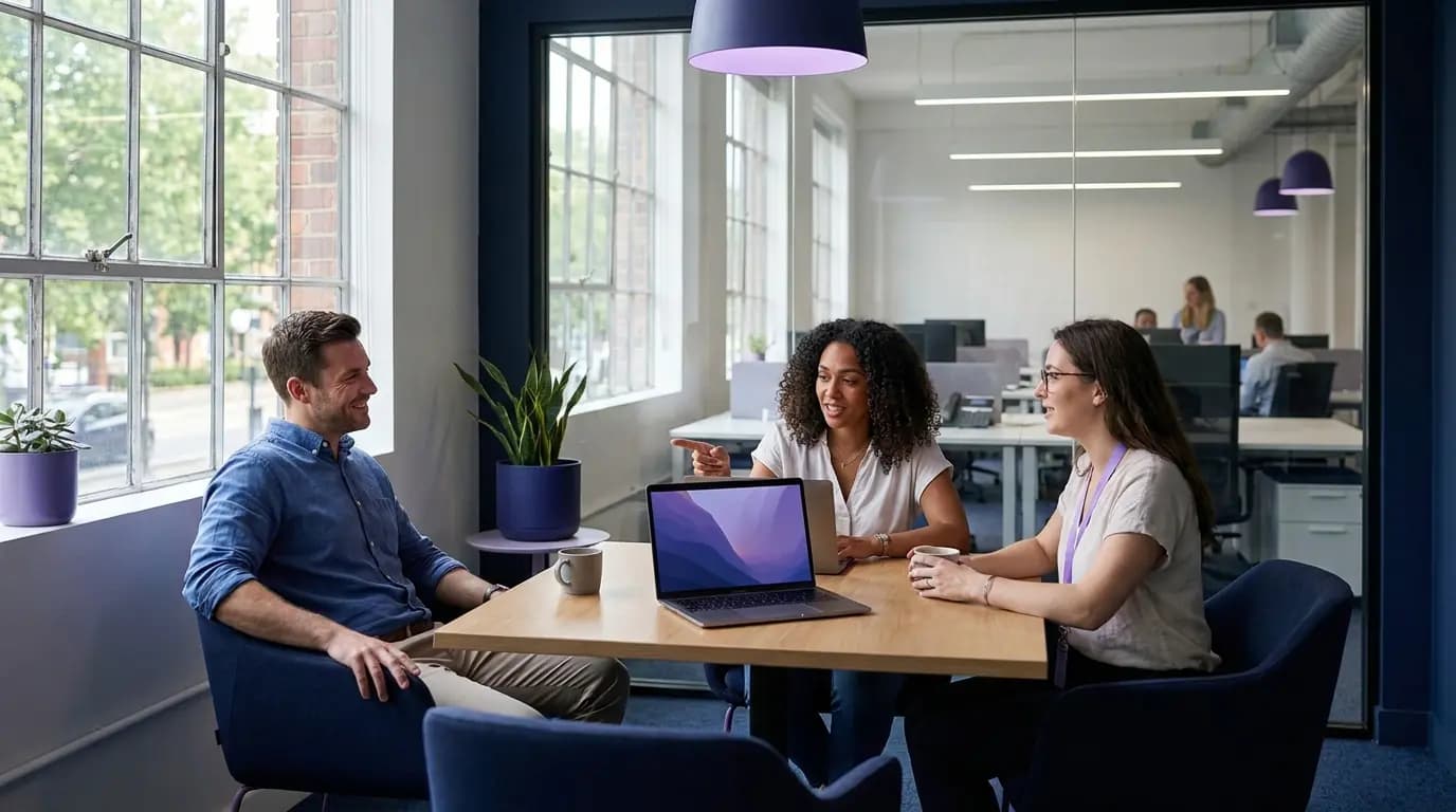 A small enterprise IT team in a quiet office reviewing a calm network dashboard
