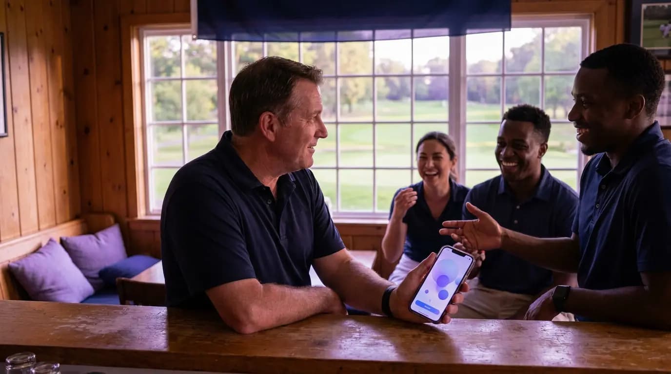 A golfer in the clubhouse bar after a round, connecting to the club WiFi on a phone