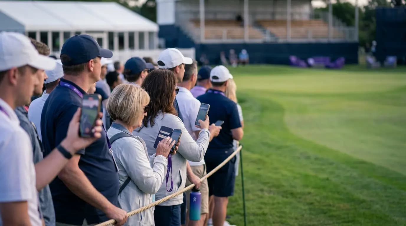Spectators gathered near a green during a club tournament, some holding phones