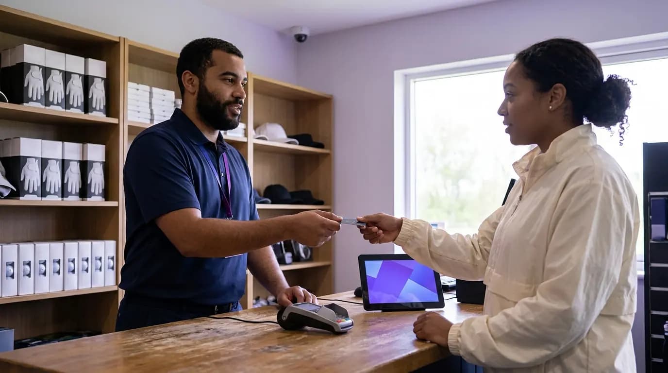 A golf club pro shop counter with a card terminal and till, a staff member serving a golfer