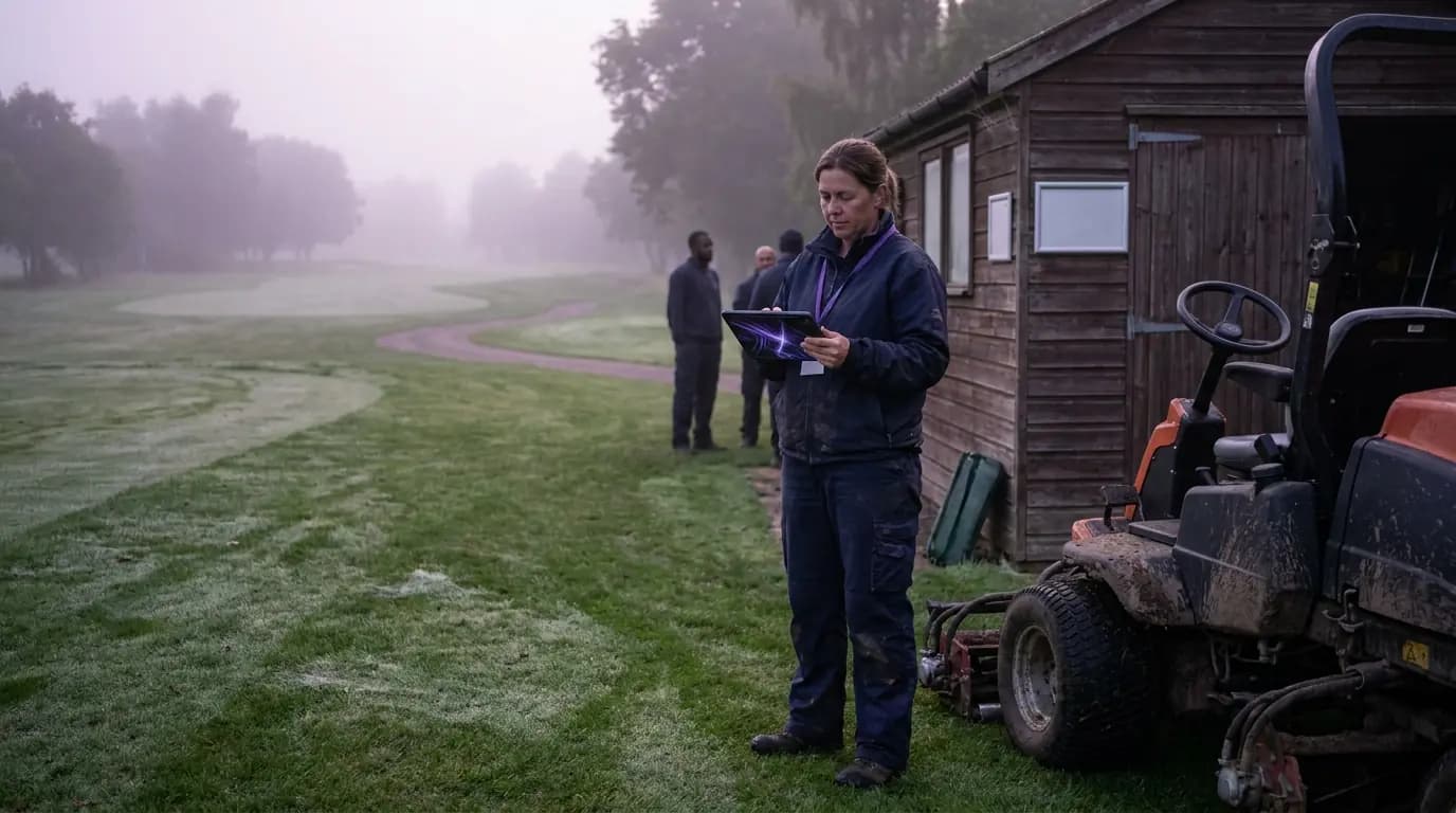 A greenkeeper in work clothes checking a tablet beside a maintenance building on the course