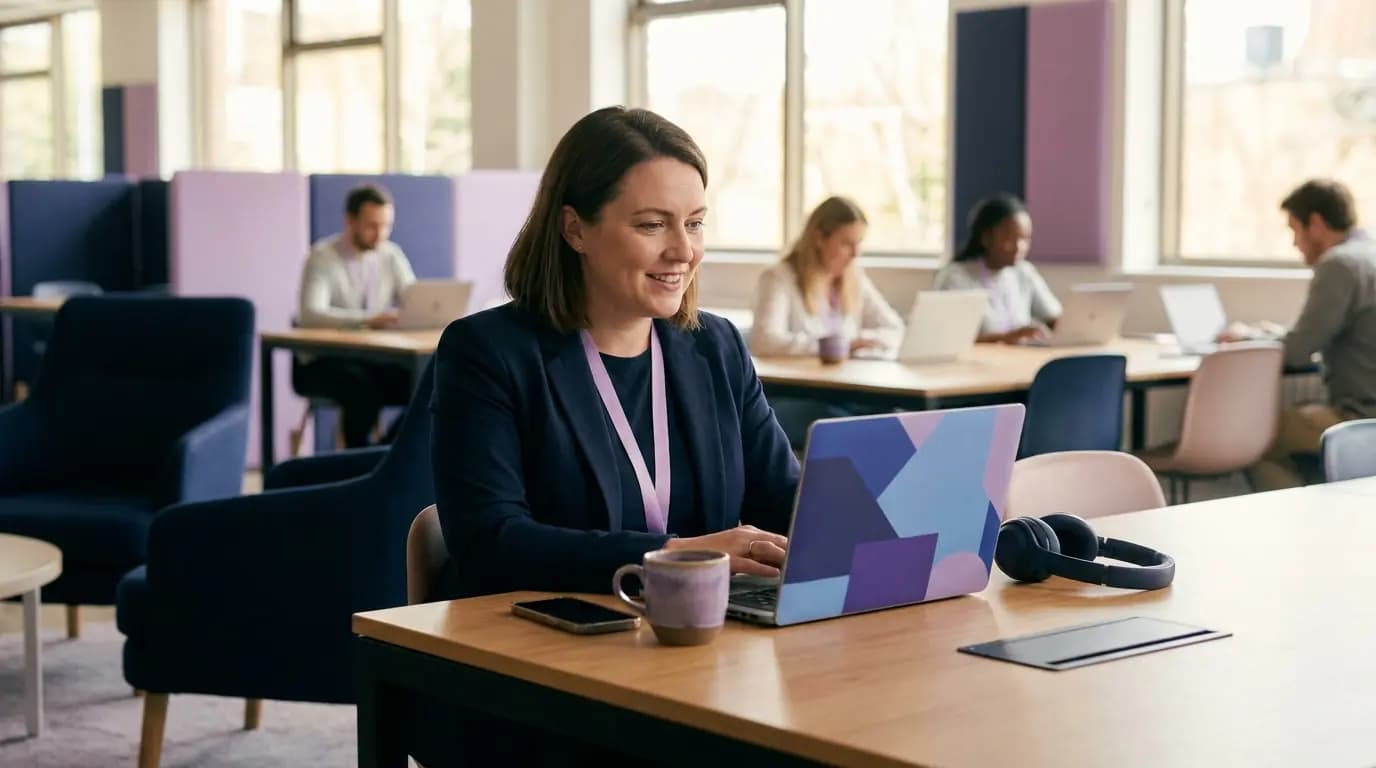 Ein Mitglied arbeitet an einem Laptop an einem Hot Desk in einem Coworking-Space, daneben liegen Smartphone und Headset