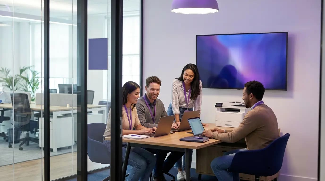 Ein kleines Team in einem privaten Büro mit Glaswänden in einem Coworking-Gebäude, mit einem Drucker und einem Bildschirm im Besprechungsraum