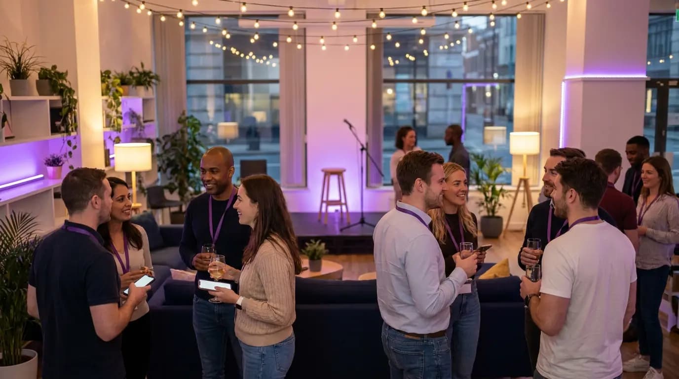 Teilnehmer mit Smartphones und Getränken bei einem abendlichen Community-Event in einem Coworking-Space
