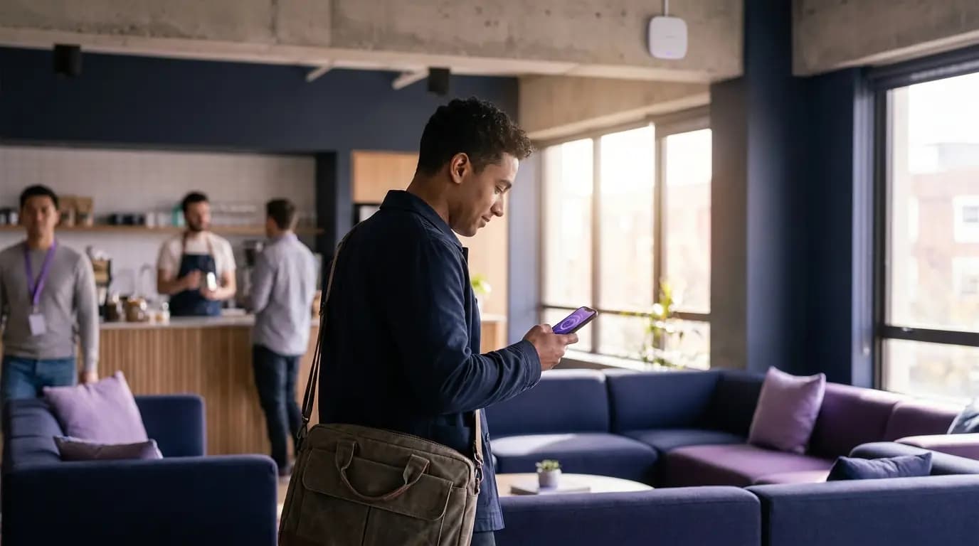 Ein Mitglied kommt mit einer Laptoptasche an einem zweiten Coworking-Standort an, das Telefon ist bereits verbunden