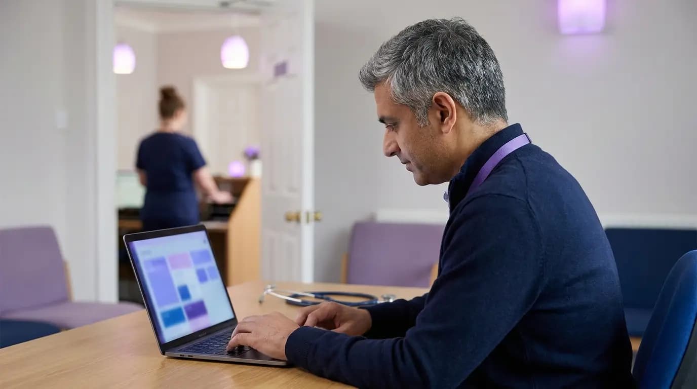 A GP signing in on a laptop in a consulting room while a receptionist works at the front desk