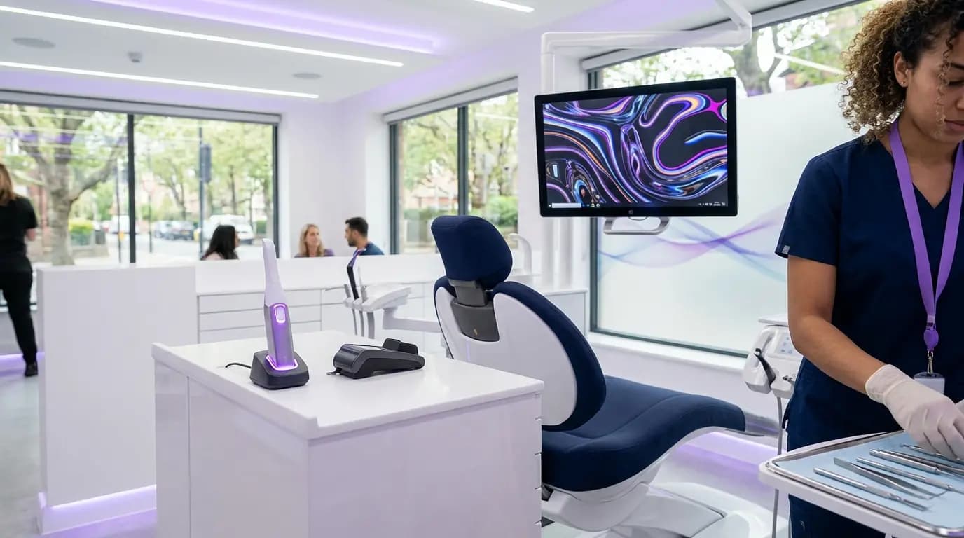 A dental surgery with a networked intraoral scanner, a chairside screen and a card terminal at reception