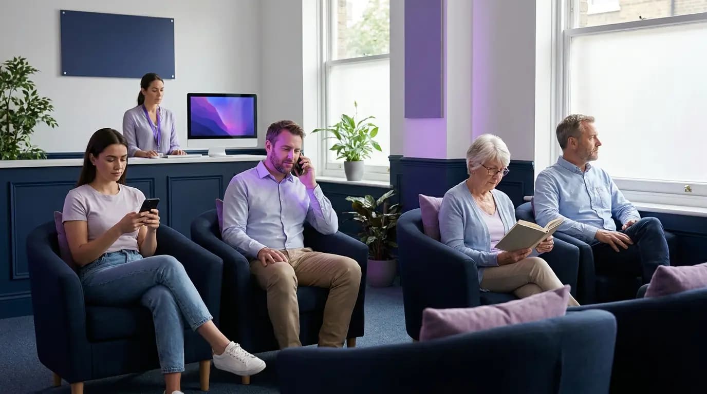 A parent and child sitting in a bright dental practice waiting room, the parent using a phone