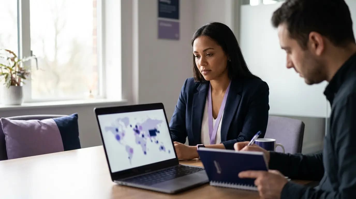 A group operations manager reviewing several practice sites on a laptop in a quiet office