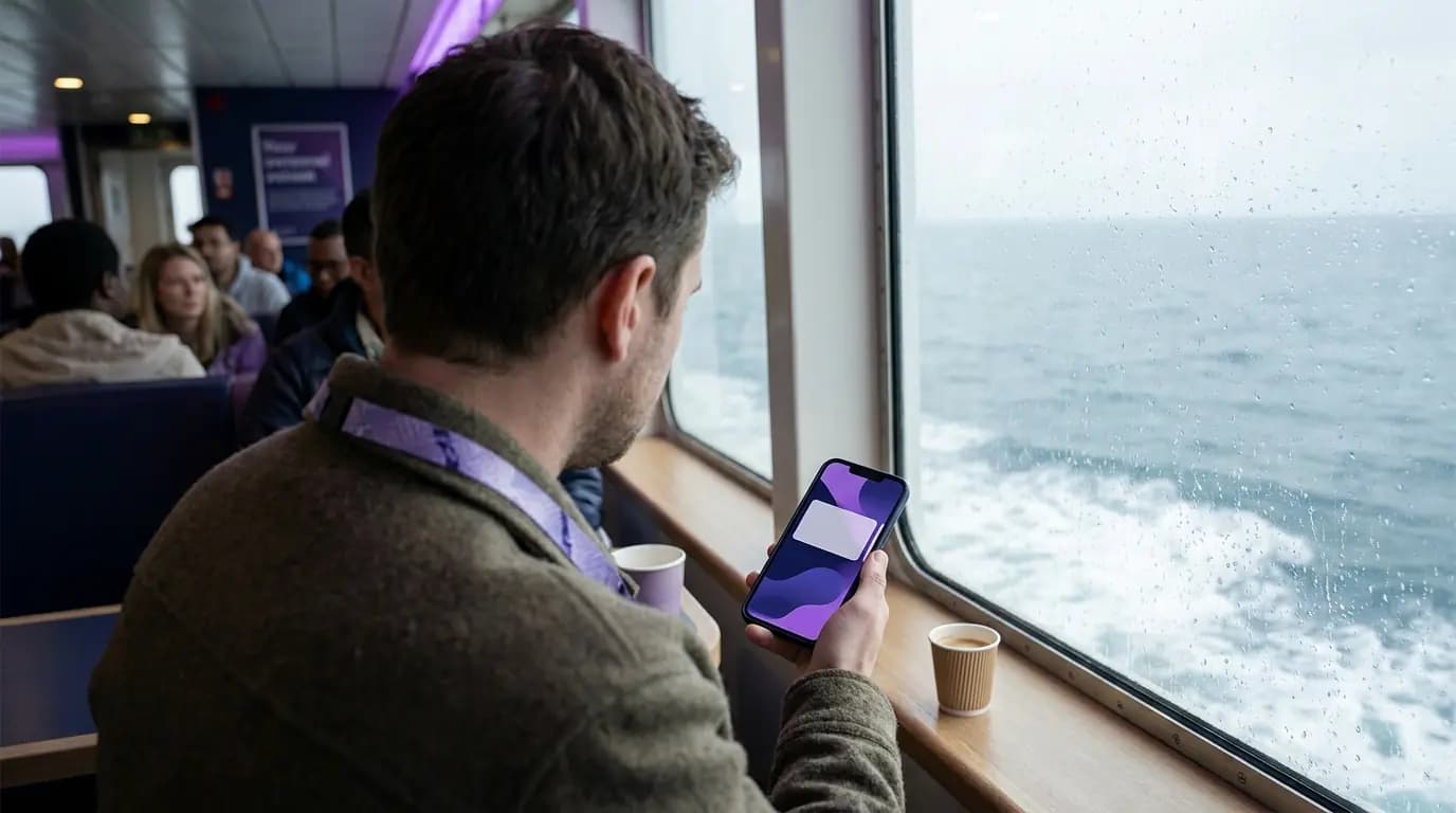 Un pasajero en la sala de un ferry eligiendo un plan de WiFi en un teléfono, con el mar visible a través de la ventana de fondo