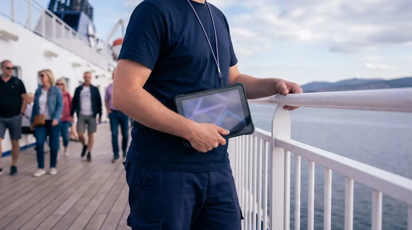 Un miembro de la tripulación de un ferry con uniforme sencillo utilizando una tableta en cubierta mientras pasan los pasajeros