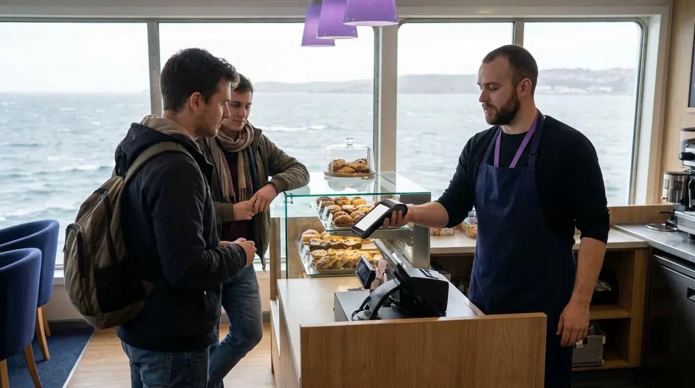 El mostrador de la cafetería de un ferry con un terminal de tarjetas y un pasajero pagando, con el mar visible a través de las ventanas