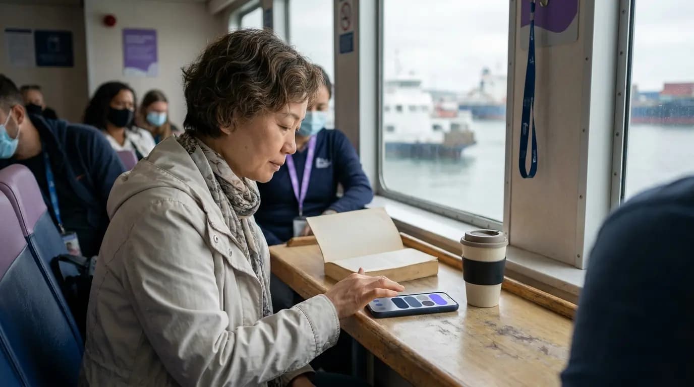 Un pasajero respondiendo a una encuesta breve en un teléfono junto a una mesa de ventana en un ferry