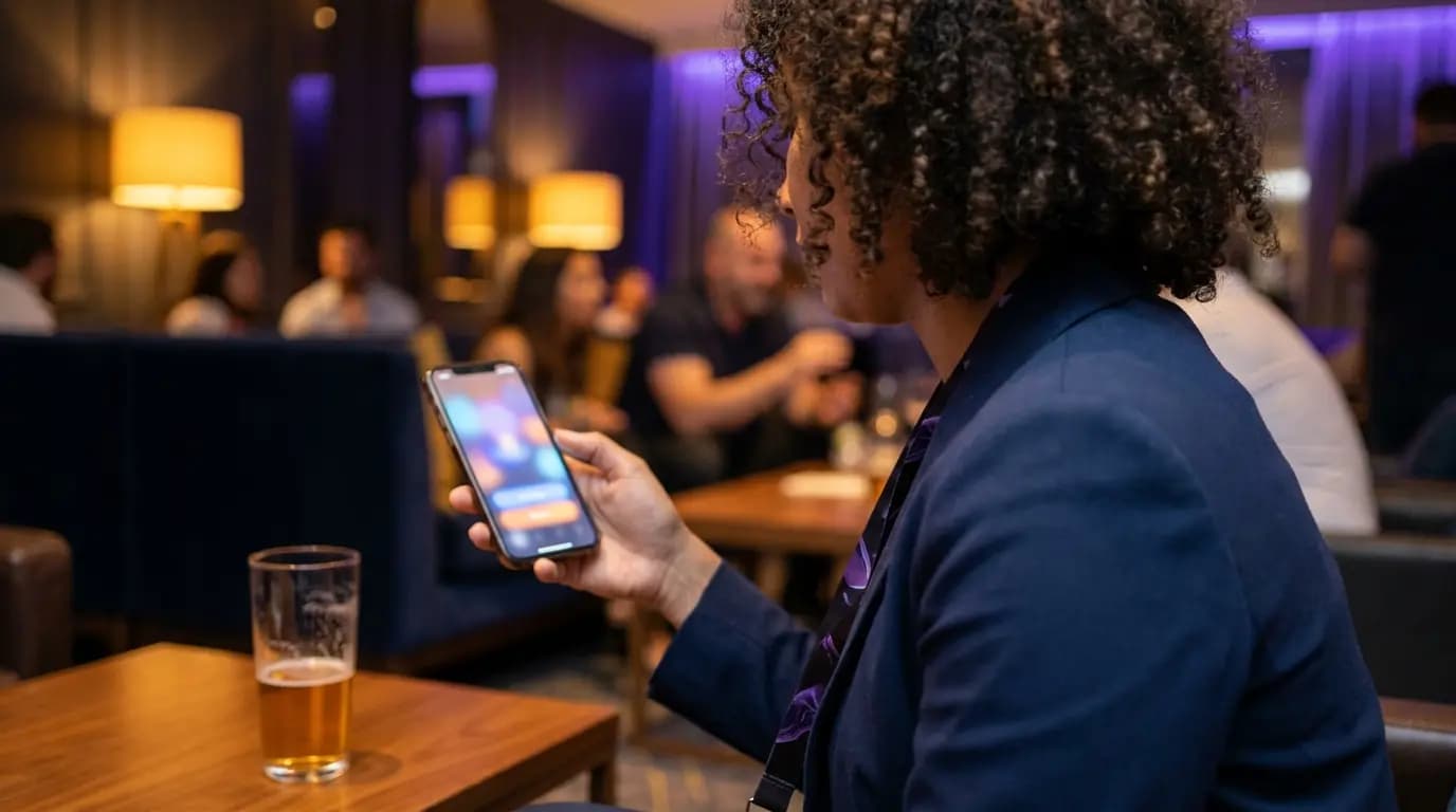 Eine erwachsene Gästin, die sich in der Lounge-Bar eines Casinos auf ihrem Smartphone in das WiFi einwählt