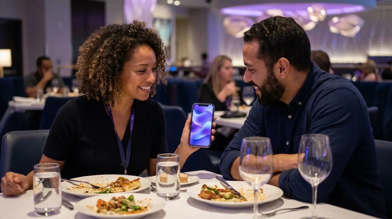 Zwei erwachsene Freunde an einem Restauranttisch in einem Casino, von denen sich eine Person auf ihrem Smartphone registriert