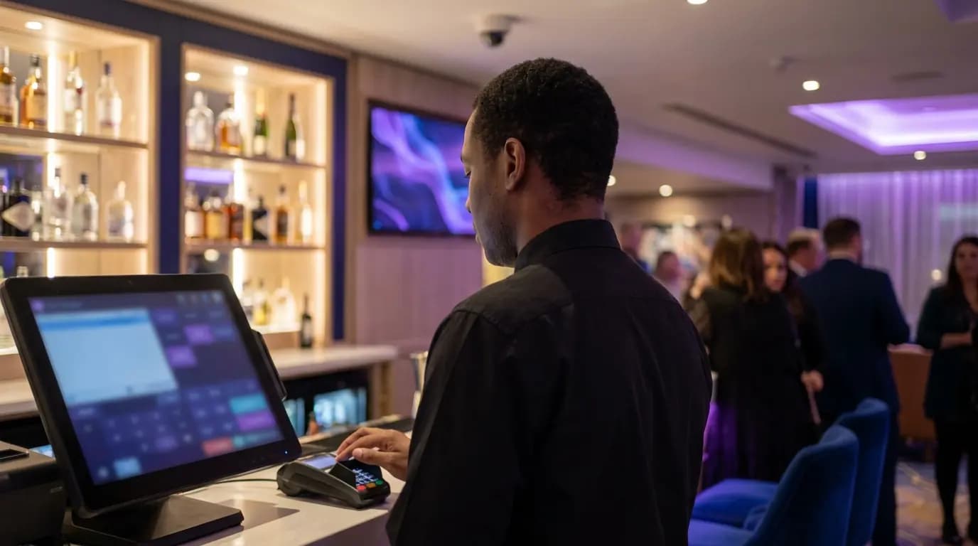 Ein Barkeeper nutzt ein Kartenterminal und einen EPOS-Bildschirm hinter der Bar eines Casinos