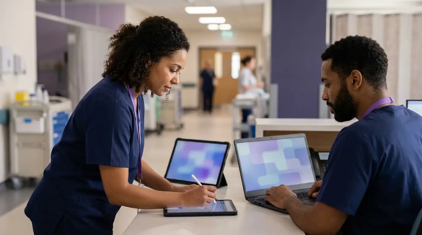 A nurse at a hospital ward station signing in on a tablet while a colleague reviews notes on a laptop