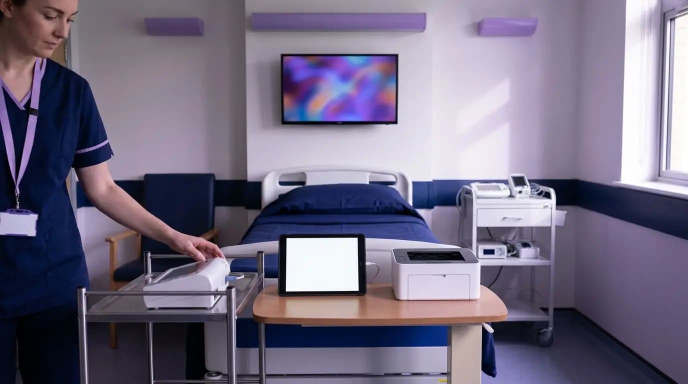 A hospital ward bay with a bedside TV, a networked printer and a patient tablet on a bedside table
