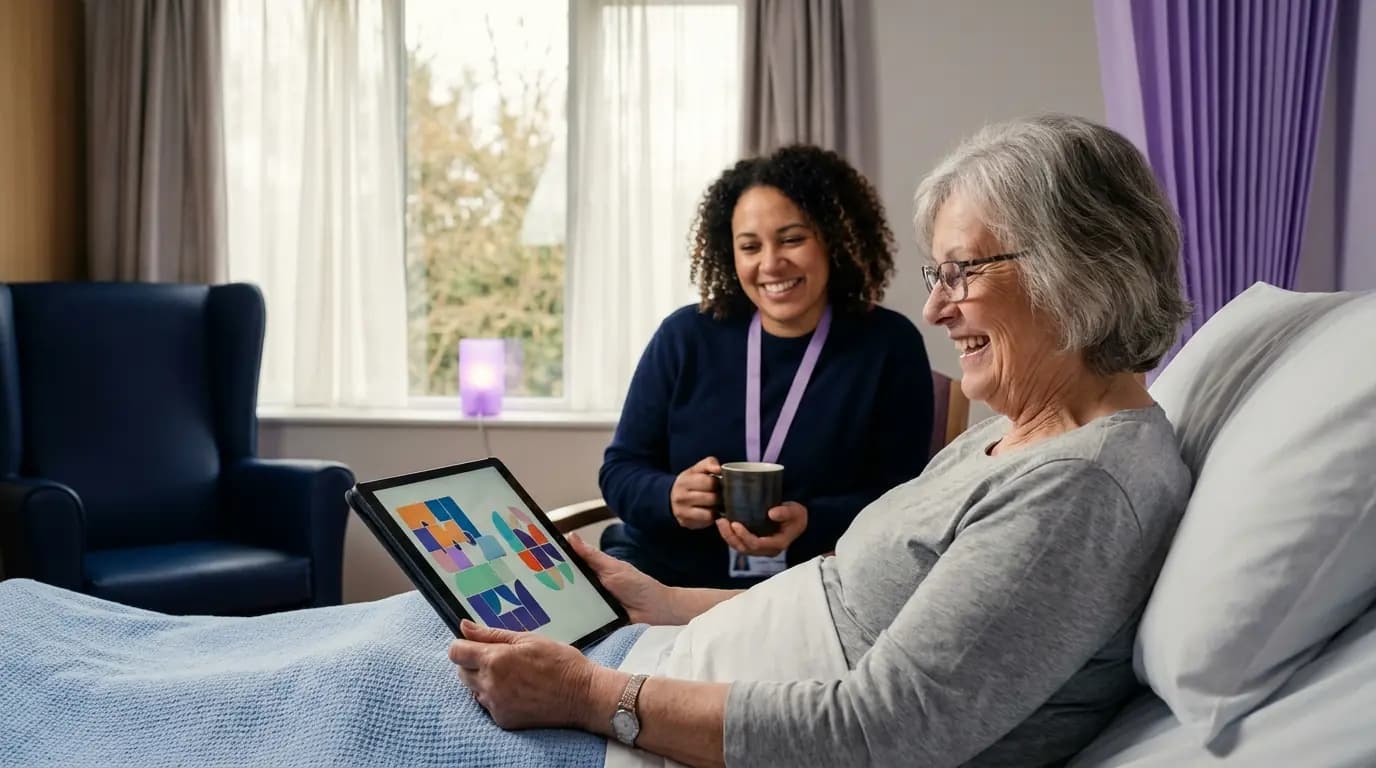 A patient sitting up in a hospital bed video calling family on a tablet, with a visitor beside the bed
