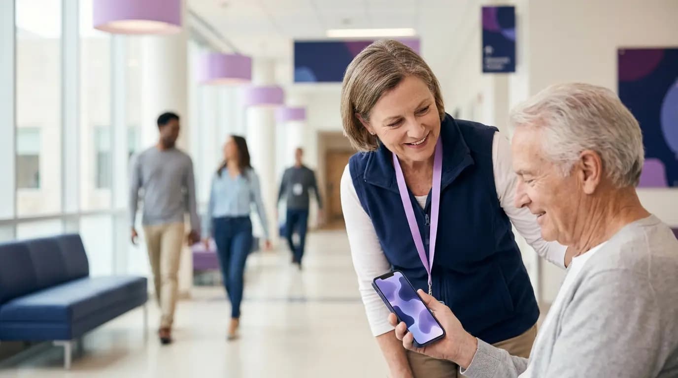 A hospital volunteer helping an older patient follow directions on their phone in a bright hospital corridor