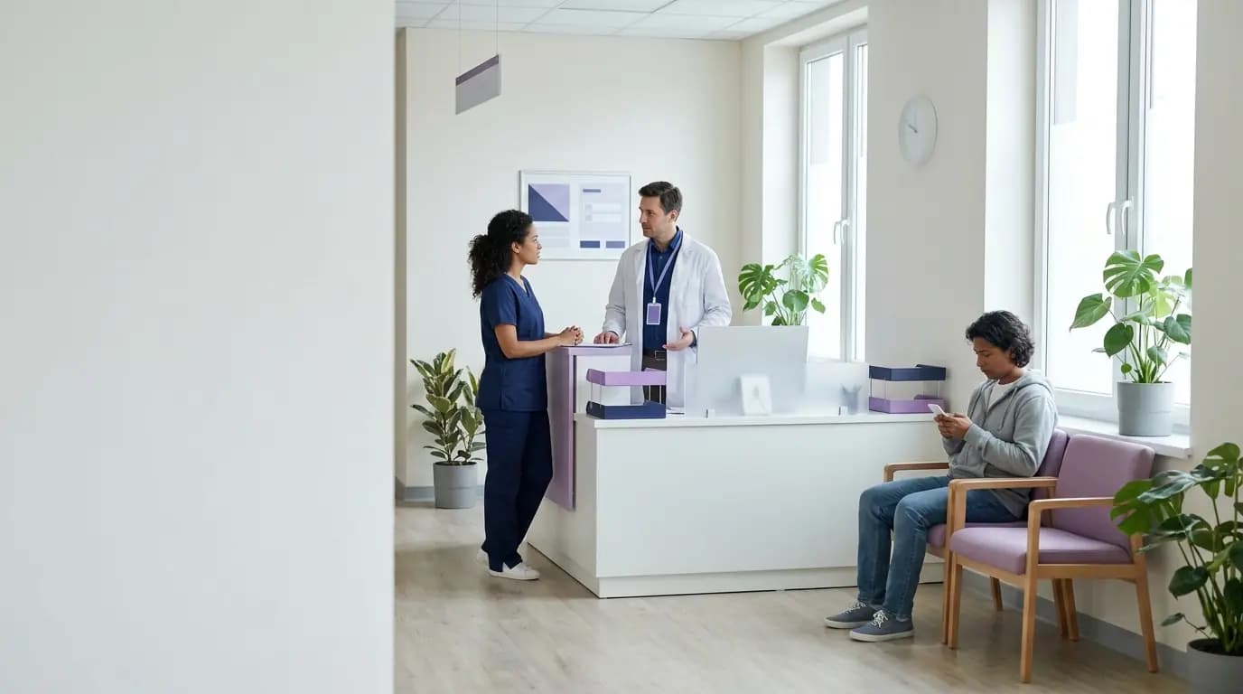 A nurse and a doctor talking at a bright hospital ward station while a visitor waits nearby with a phone