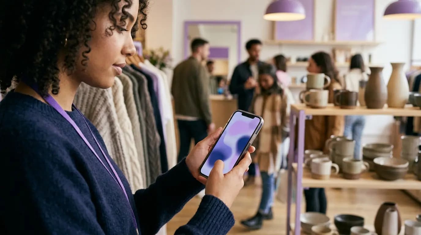 Une cliente se connectant au WiFi du magasin sur son téléphone à côté d'un portant de tricots dans une boutique de mode