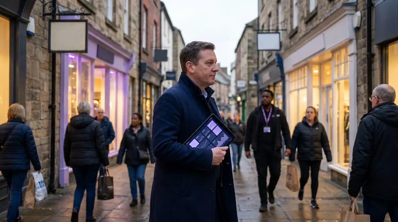 Un responsable retail régional marchant dans une rue commerçante avec une tablette, passant devant les vitrines de plusieurs magasins