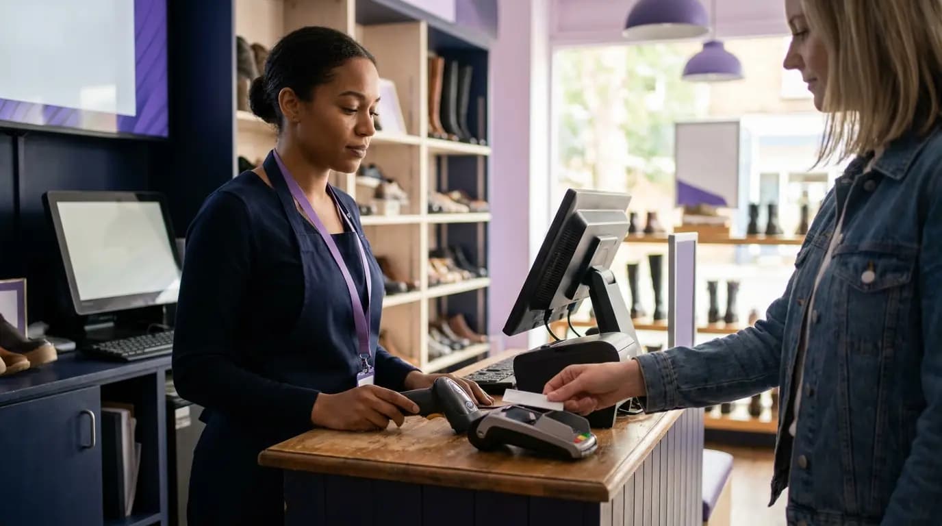 Un collaborateur en magasin acceptant un paiement par carte à un comptoir de caisse compact dans une boutique spécialisée