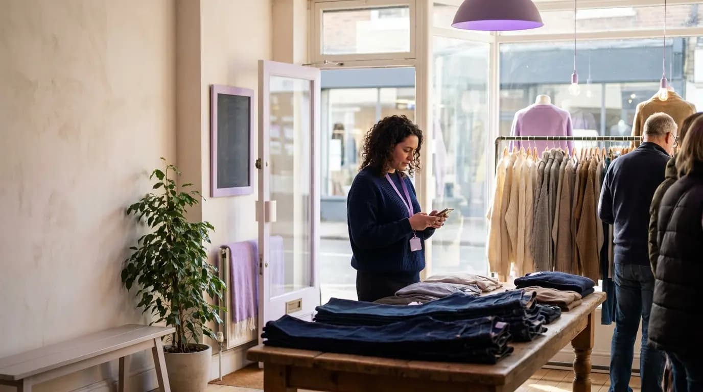 Des clients parcourant les portants d'une boutique de mode lumineuse en centre-ville, l'une d'elles consultant son téléphone près de la fenêtre