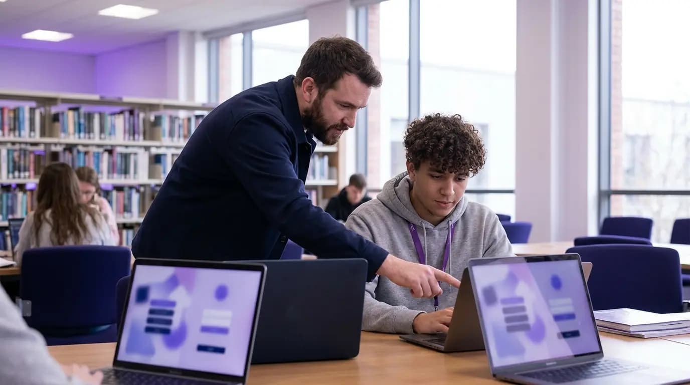 Un profesor y un estudiante conectando portátiles en un espacio de estudio de la biblioteca universitaria