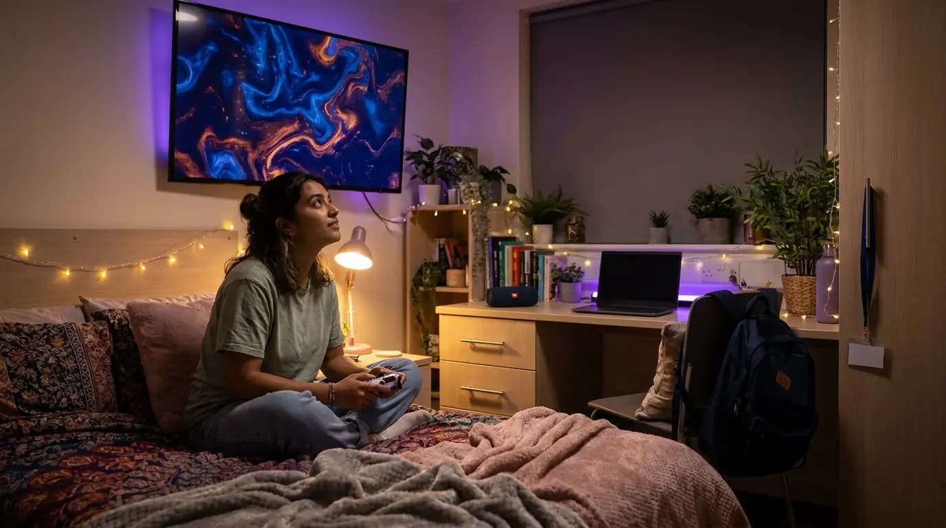 Un estudiante en el dormitorio de una residencia universitaria jugando con una consola conectada a una smart TV
