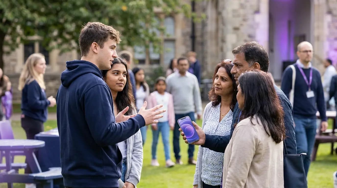 Estudiantes embajadores dando la bienvenida a futuros estudiantes y padres en una jornada de puertas abiertas universitaria