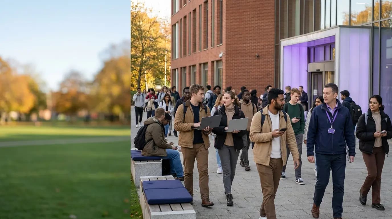 Estudiantes y personal cruzando un campus universitario concurrido entre clases, con teléfonos y portátiles en la mano