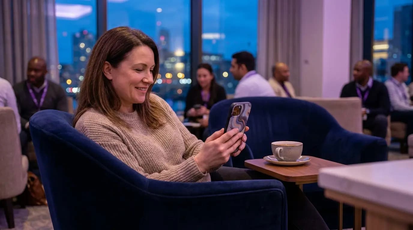 A hotel guest relaxing in a lounge chair and connecting to the hotel WiFi on a phone