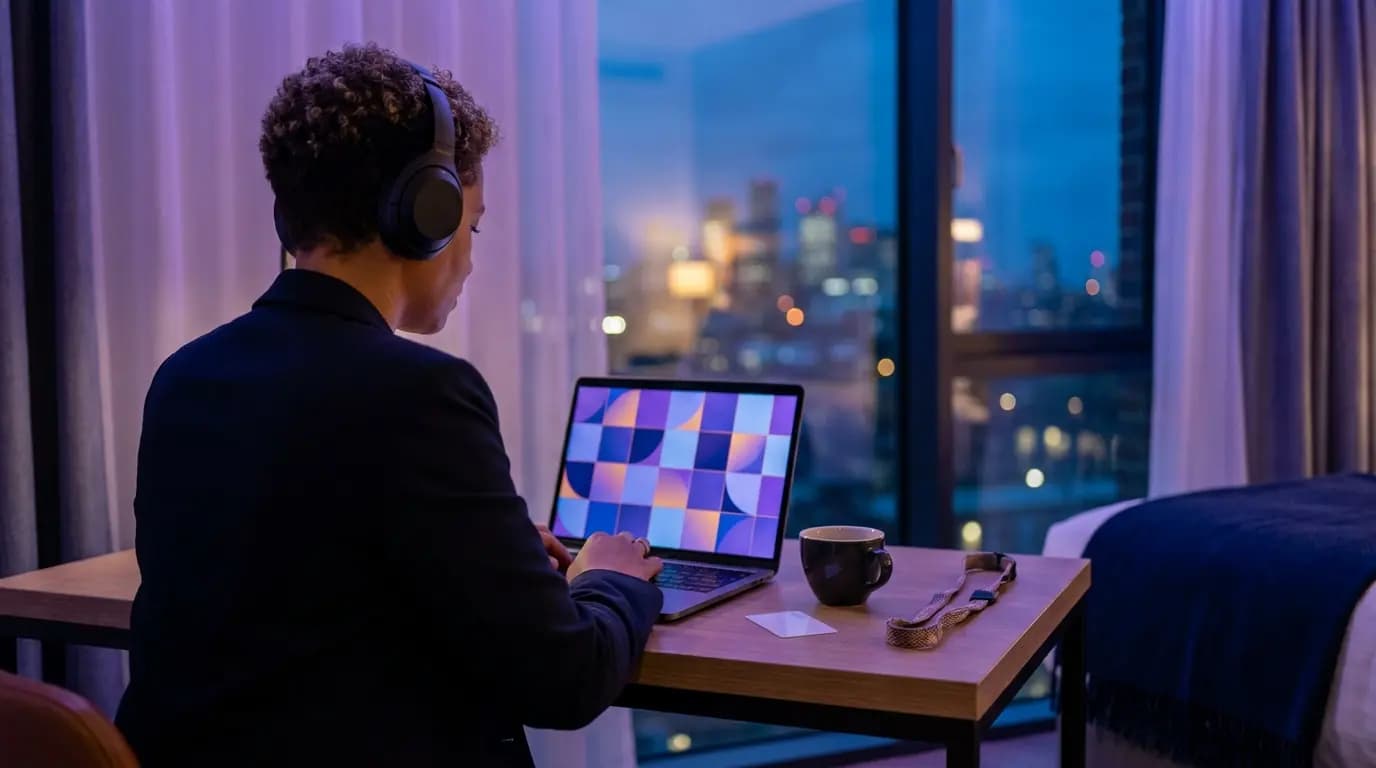 A business traveller on a video call from a hotel room desk with a laptop and coffee