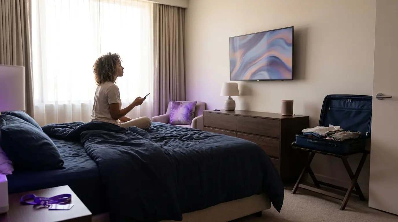 A hotel room with a wall-mounted smart TV, a speaker and a guest casting from a phone