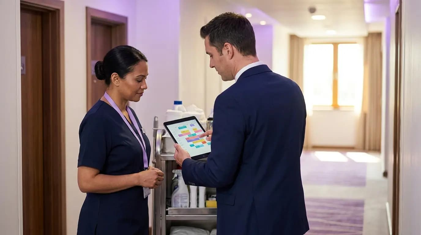 A housekeeper and a duty manager checking a tablet together in a hotel corridor