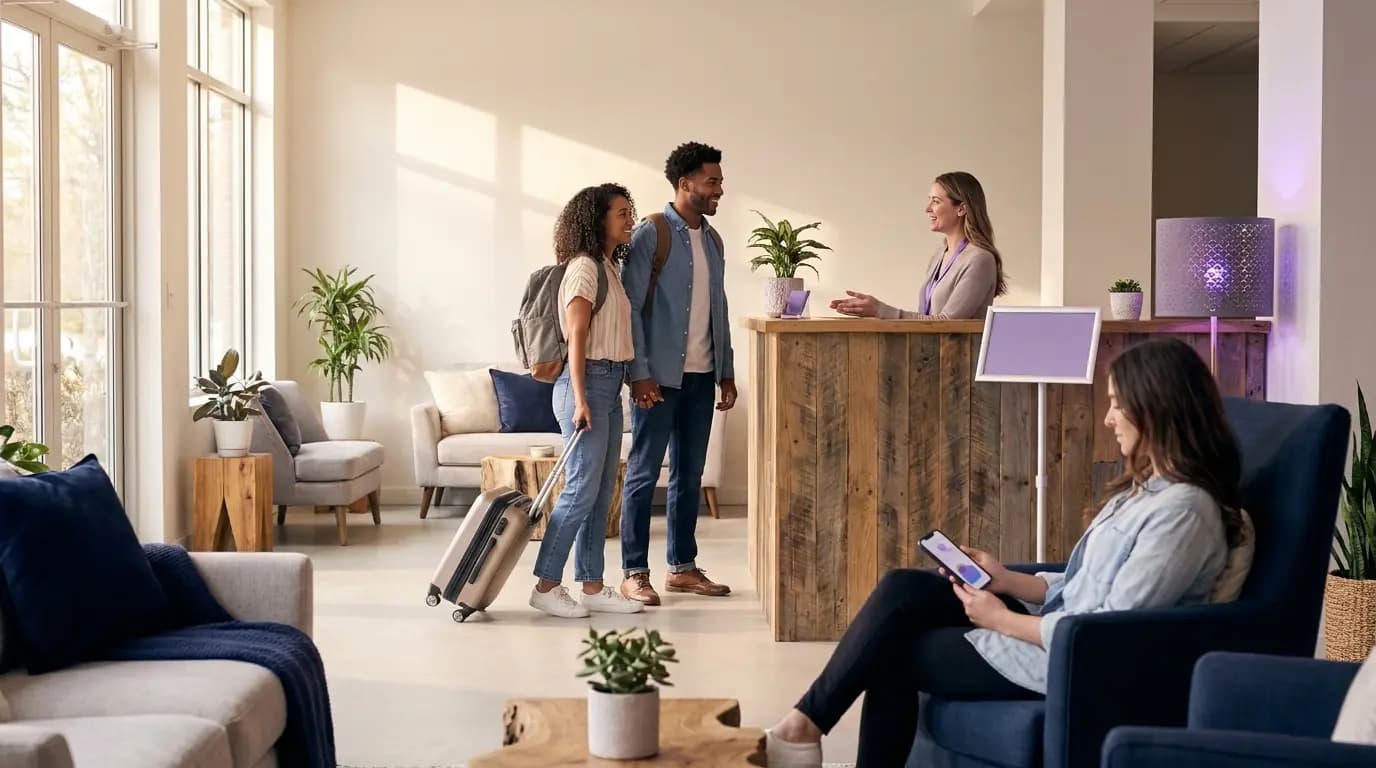 Guests checking in at a calm, bright hotel reception while one connects a phone