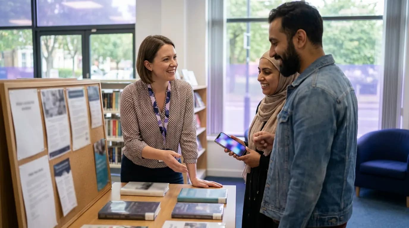 Una bibliotecaria conversa con dos visitantes adultos junto a un expositor de libros nuevos y un tablón de anuncios de eventos