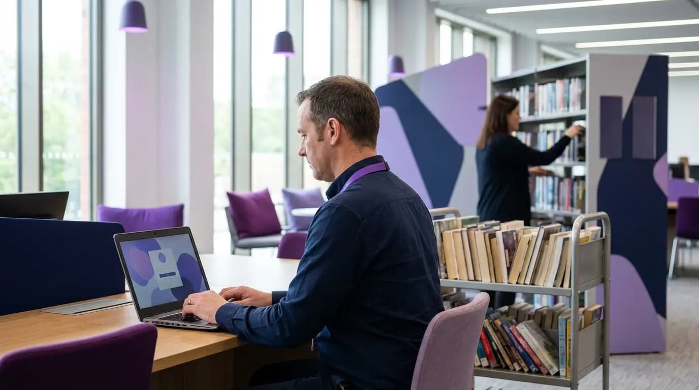 Un asistente de biblioteca con una acreditación utiliza un ordenador portátil en el mostrador de personal de una biblioteca moderna