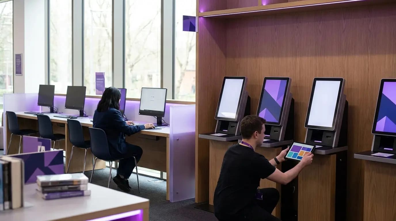 Una fila de quioscos de autoservicio y ordenadores públicos en una biblioteca tranquila